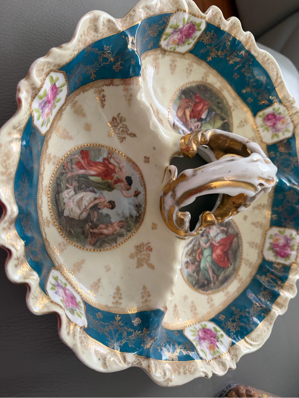 Teal and Cream Decorative Porcelain Serving Bowl with Gold Accents